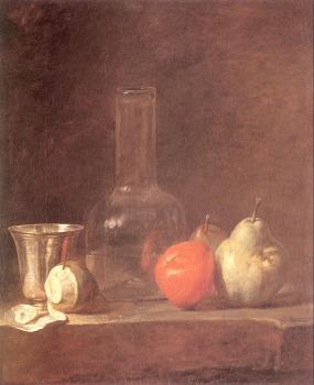 Carafe, Silver Goblet and Fruit